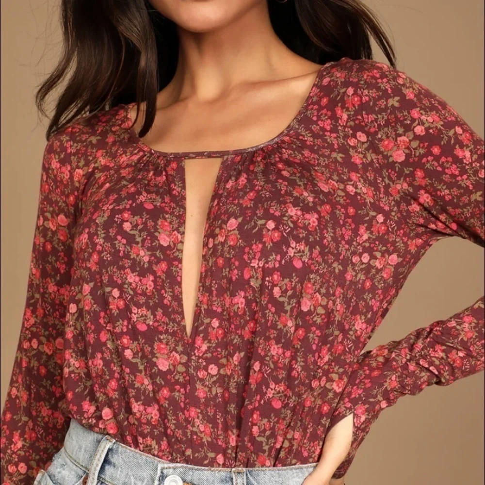 NWT Free People Kaya Floral Printed Keyhole Long Sleeve Ruched Bodysuit
